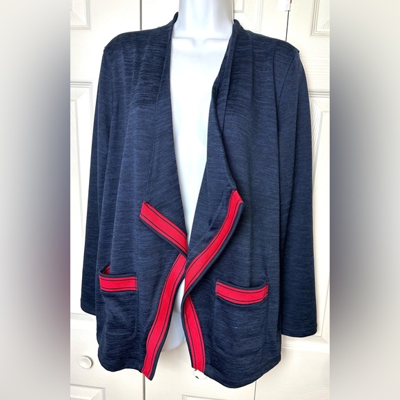 New T by TALBOTS Cardigan Sweater Blue Red Stripe Trim Open Cascading Draped - Picture 2 of 9
